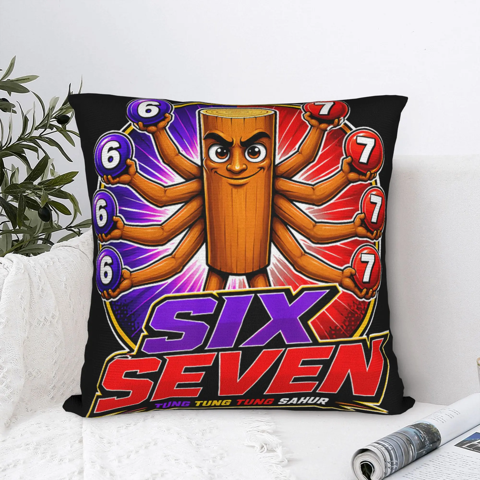 Funny 67 Italian Brainrot Tung Tung Sahur Six Seven Meme Pillow Cover Cushion Cover Retro Pillow Case For Office Car Home Decor
