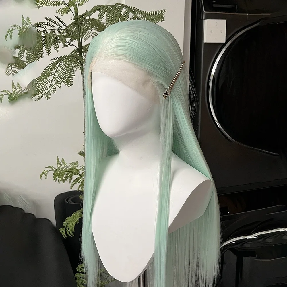 28 cali jasna mięta jasnozielona ręka hak czoło europa i ameryka 13x4 koronkowa peruka kobieta pełny zestaw słuchawkowy peruka do cosplay