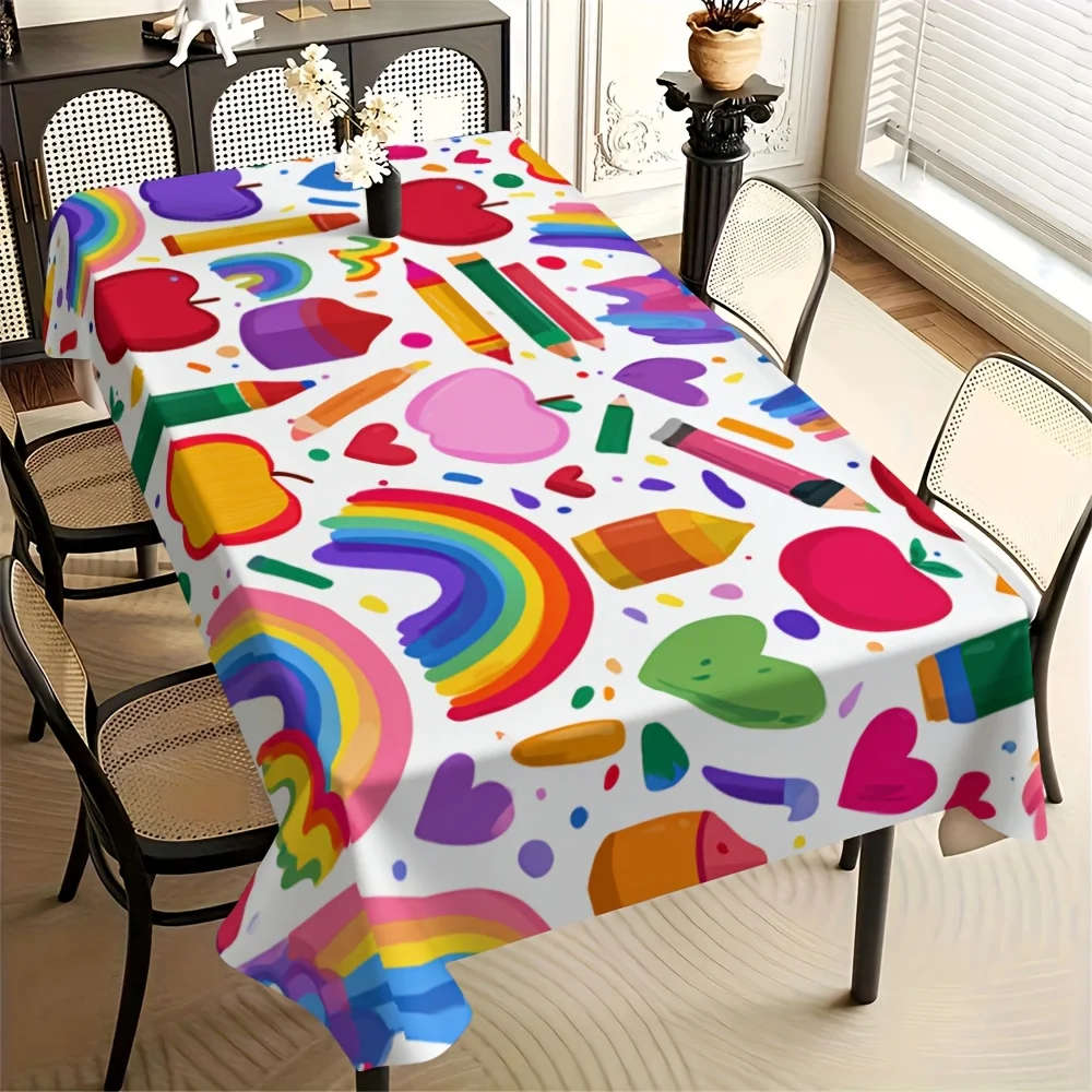 One bright-colored stationery-themed cartoon tablecloth - sturdy construction, suitable for classrooms.