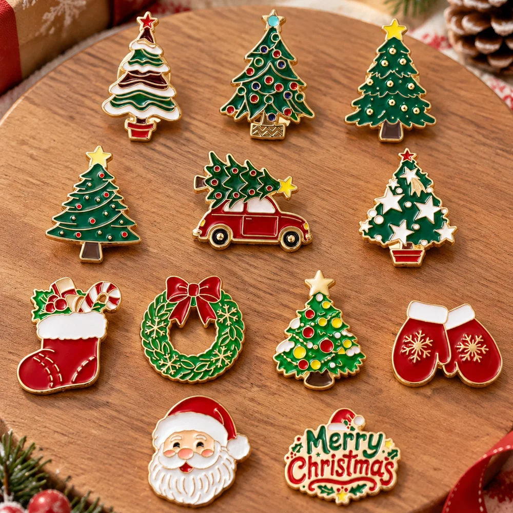 Christmas Brooch Set Cute Santa Claus Christmas Tree Wreath Sock Glove Lapel Pins Badge Clothes Backpack Xmas Holiday Decor Gift