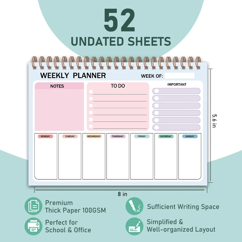 1Pack Weekly Planner Minimalist To Do List Notepad 8x5.6\