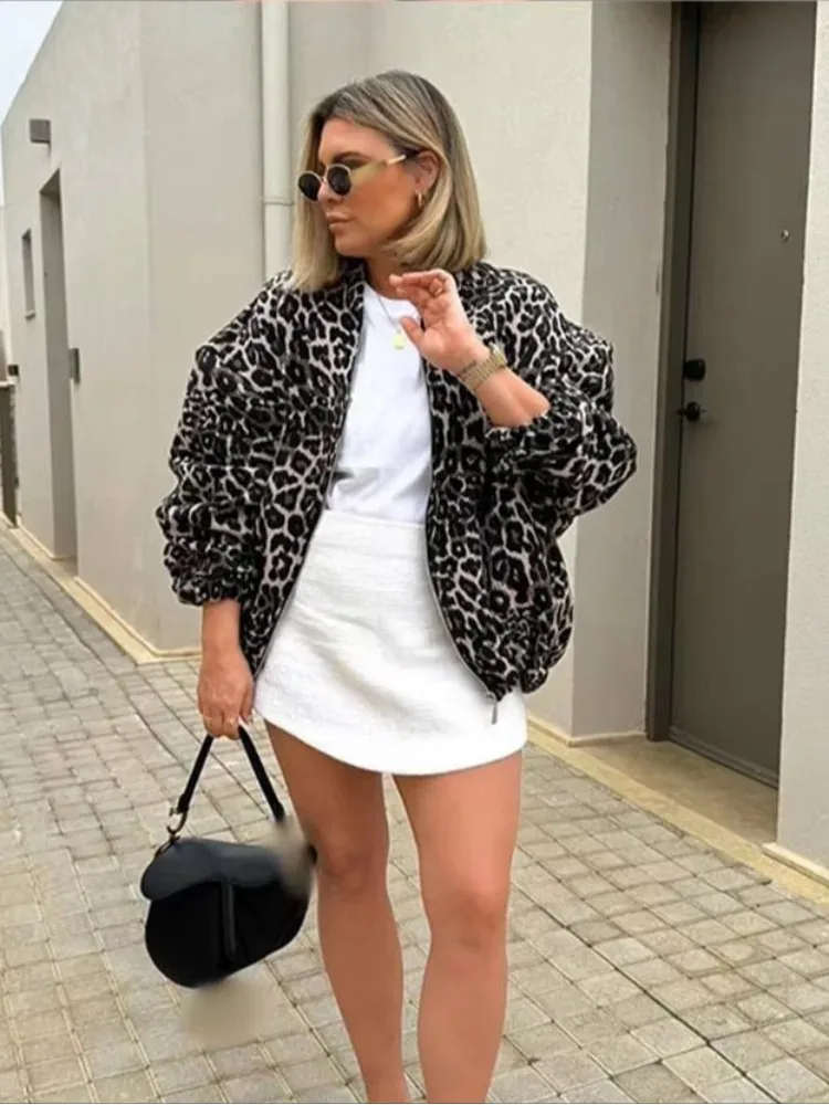 Women Chic O-neck Long Sleeve Retro Leopard Print Short Coats Zipper Jackets Female Autumn Winter Warm High 2024 Street Outwear