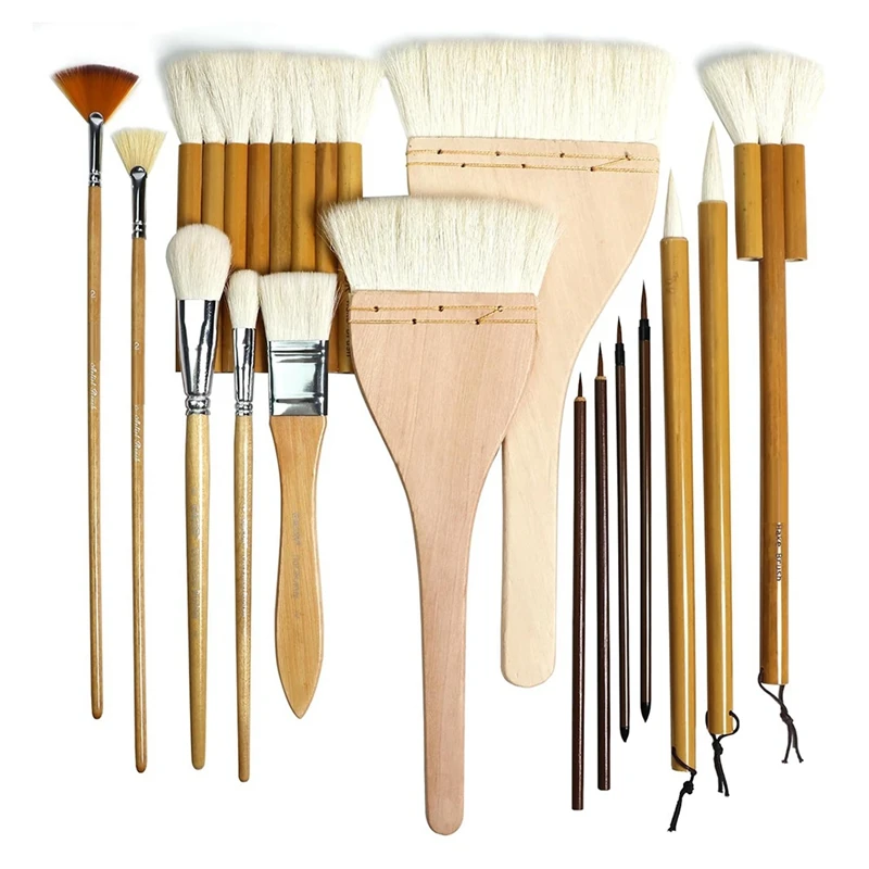 Pottery Brushes For Glazing,15 Pcs Ceramic Brushes Set Wool Bamboon Hake Brushes For Pottery Acrylic Watercolor