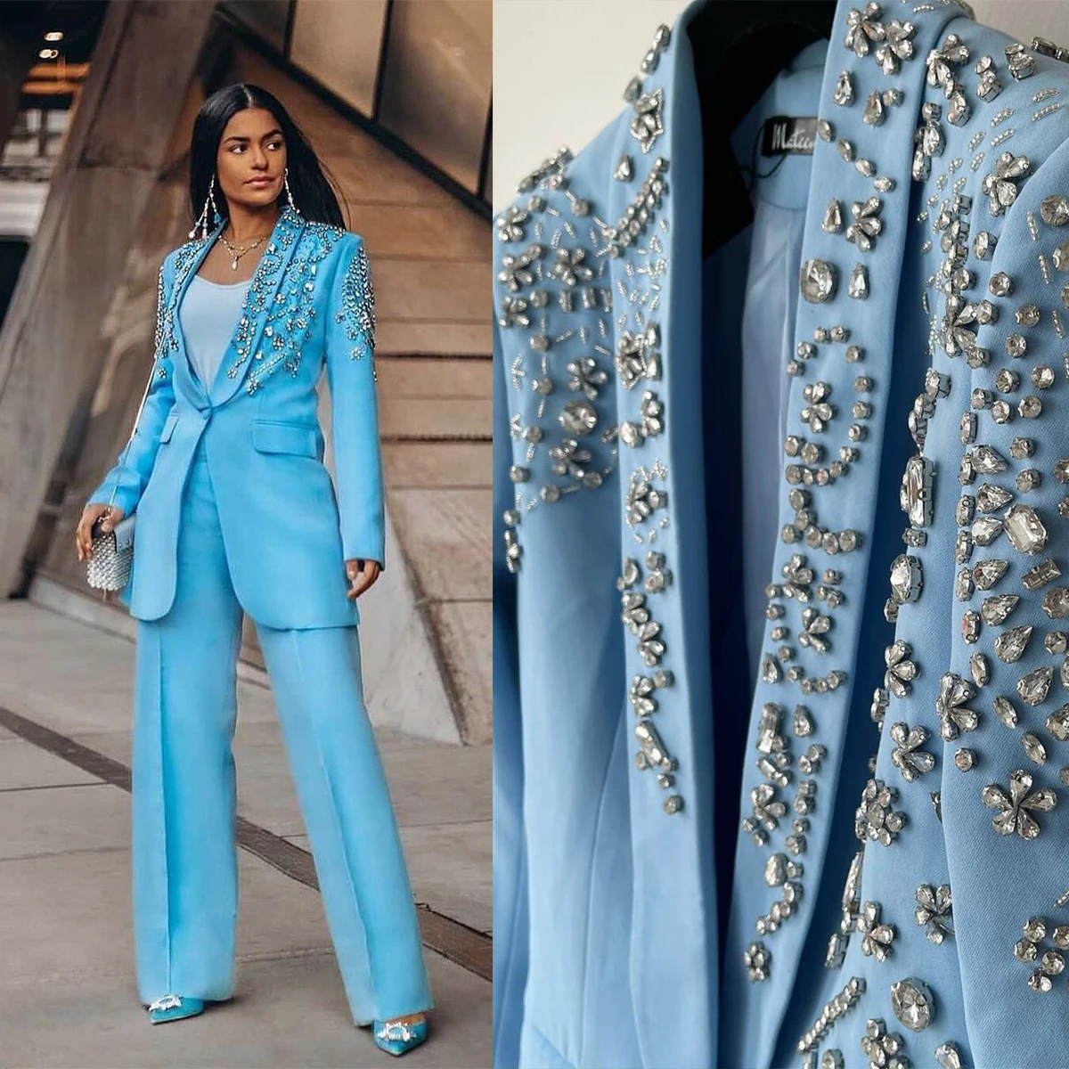 Trajes de cristal de lujo para mujer, Blazer de bolsillo brillante de un botón, chaqueta de celebridad elegante hecha a medida, moda ajustada, 2