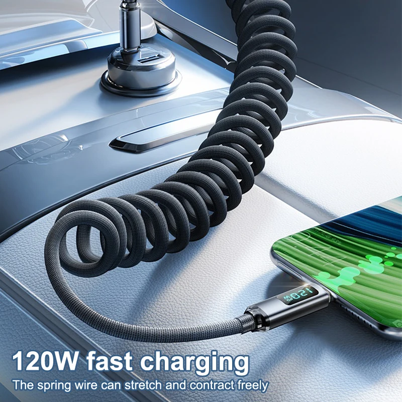 

120W Type C To Type C Data Cable Display Fast Charging Charger Cord Spring Retractable Car Charge Cable For Iphone 15 16 Samsung