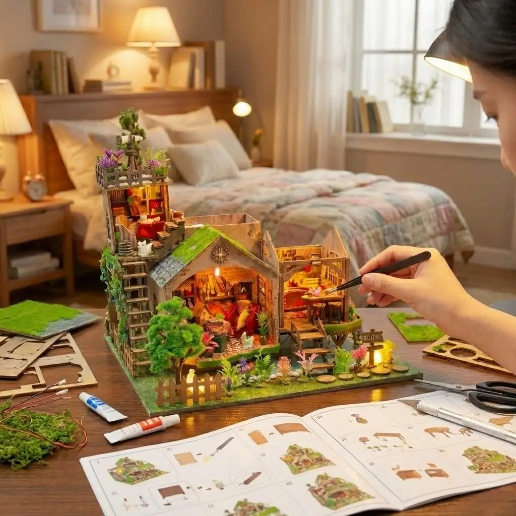 DIY Miniaturhaus Waldabenteuer-Set Kleines Hausmodell mit Puppenhaus & Bücherregal Kreatives Geburtstagsgeschenk für Freunde & Erwachsene