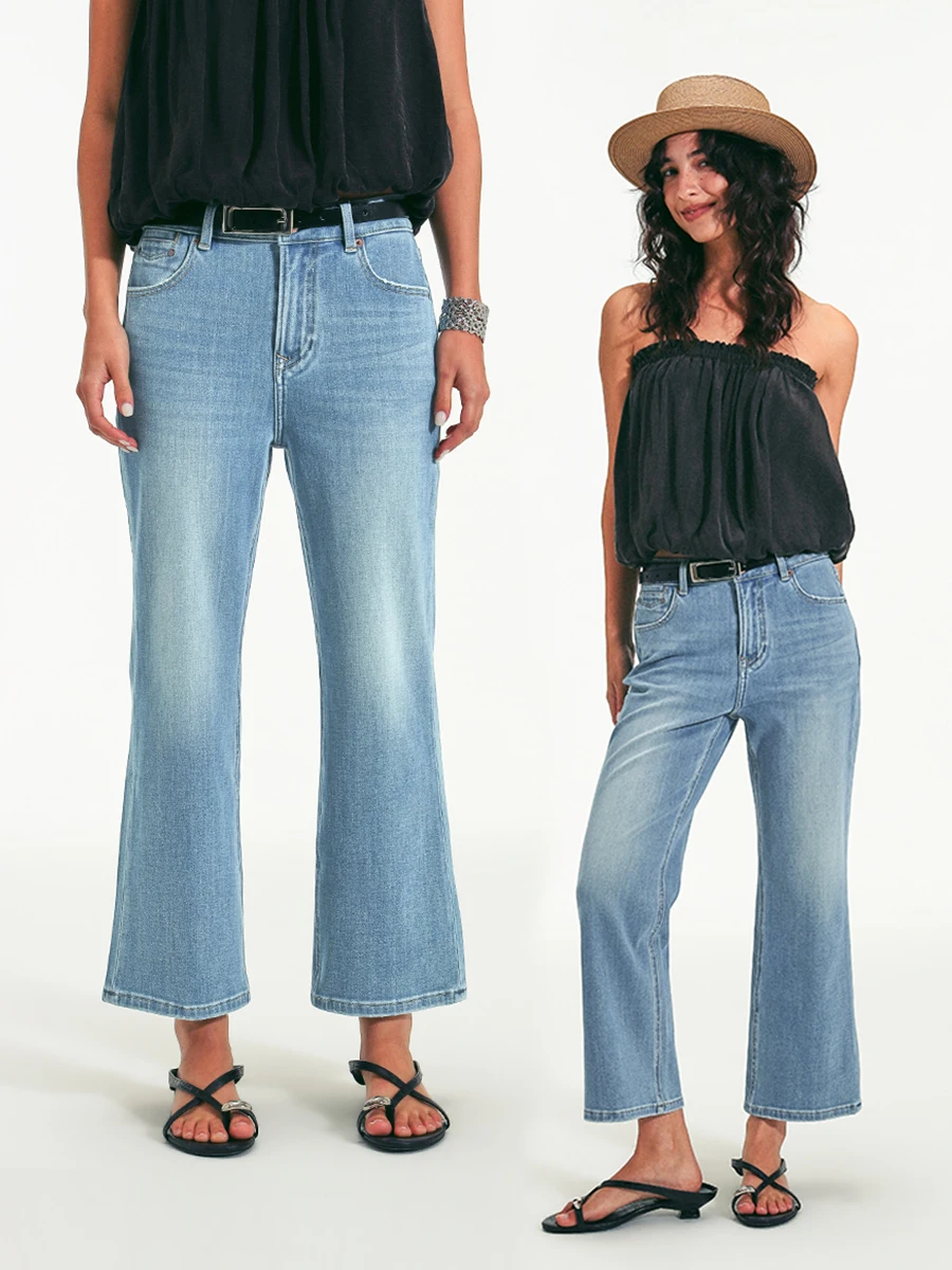 

Vintage Bell Bottom Jeans Women's Nine Points Washed Cotton Stretchy Retro American Denim Spring Season Natural Waist Button ...