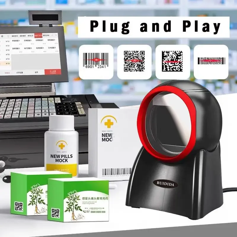 Platform Barcode Scanner 1D 2D Desktop Bar Scanner Hands-free Barcode Reader Store Product Qr Code Reader