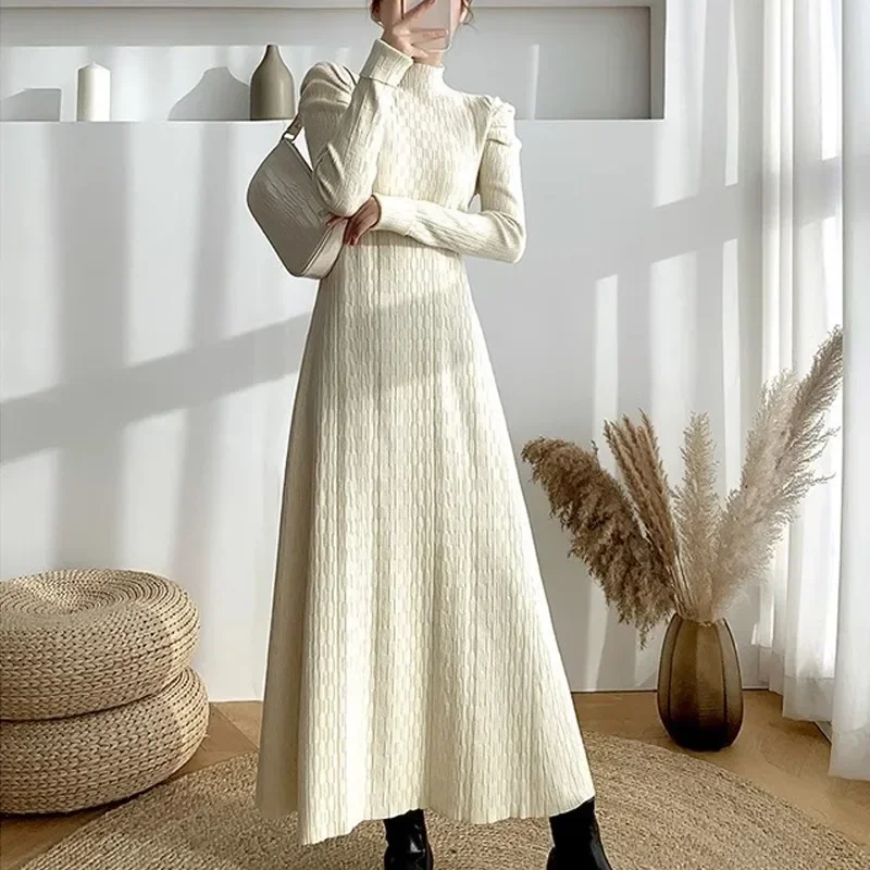 

Women Knit Sweaters Dress Turtleneck Full Sleeve Long Skirts A Line High Waist Dresses Thick Autumn Winter Office Lady Vestidos