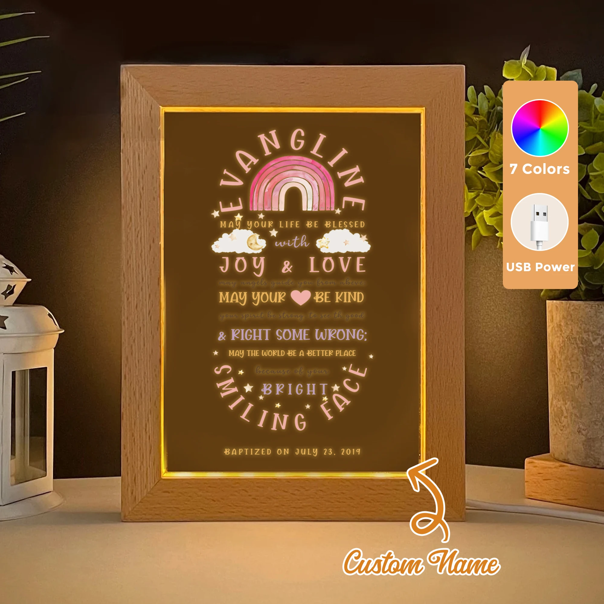 

2D Flat Custom Name Christianity LED Acrylic Night Light Wood Photo Frame 21x17cm Family Bedroom Gifts Home Decor