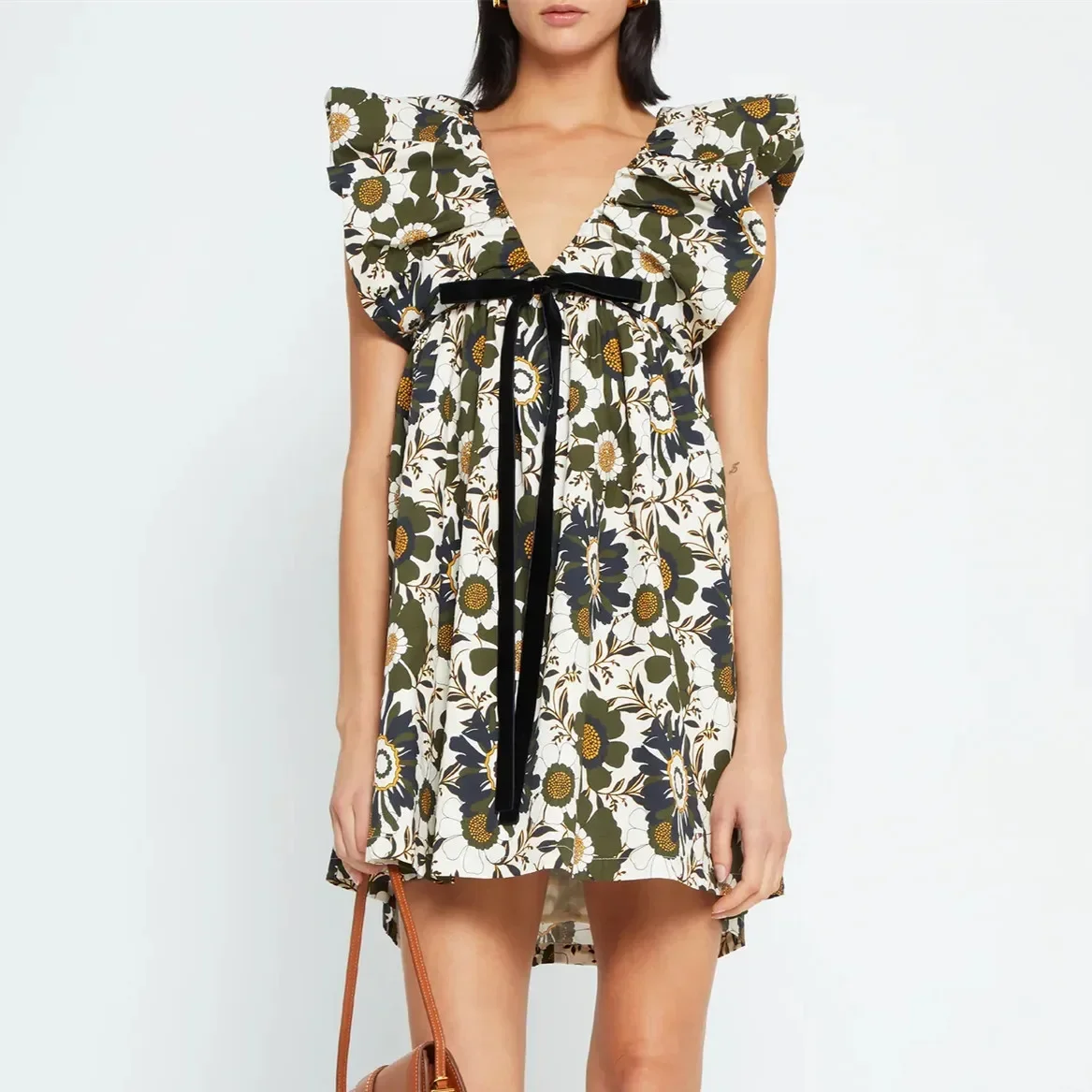 Y2k Vintage Summer Women Floral Print Mini Dress Boho V Neck Puff Sleeve Short Dress Bow Tie Flowy Dress Fashion Beach Sundress