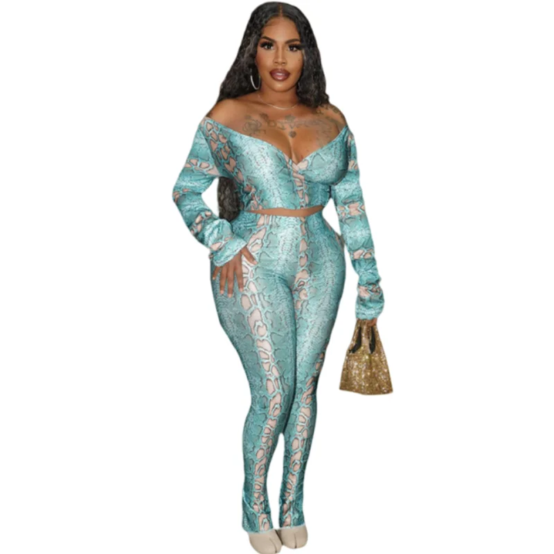 Women's Snake Print Long Sleeve Cross V-Neck Tops and Long Pants 2 Piece Set