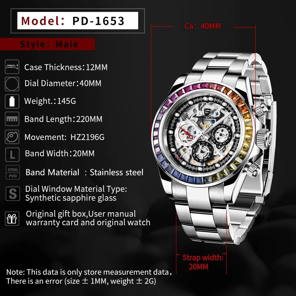 New PAGANI 1653 DESIGN Fashion Rainbow Bezel Men Mechanical Wristwatch Luxury Sapphire Glass Hollow Out Automatic Watch for Men view 6