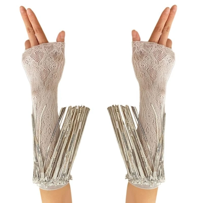 Adult Lace Floral Glove Long Mitten Stage Performances Sequins Fringes Glove
