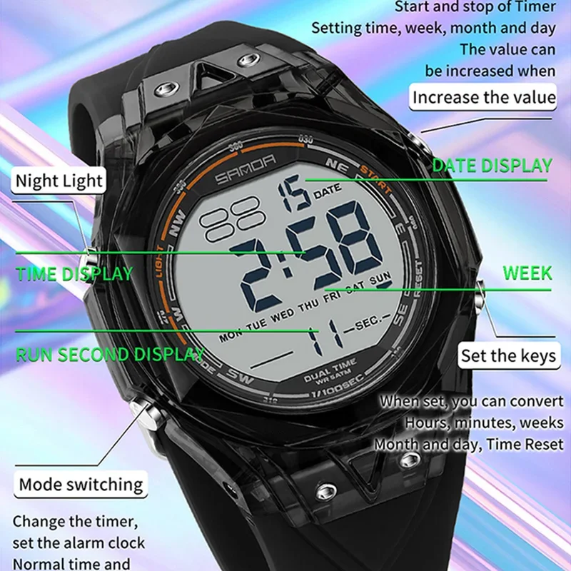 SANDA Fashion Men's Electronic Waterproof Watches Multi functional Sports  LED Luminous Alarm Clock Men Timer Digital Wristwatch