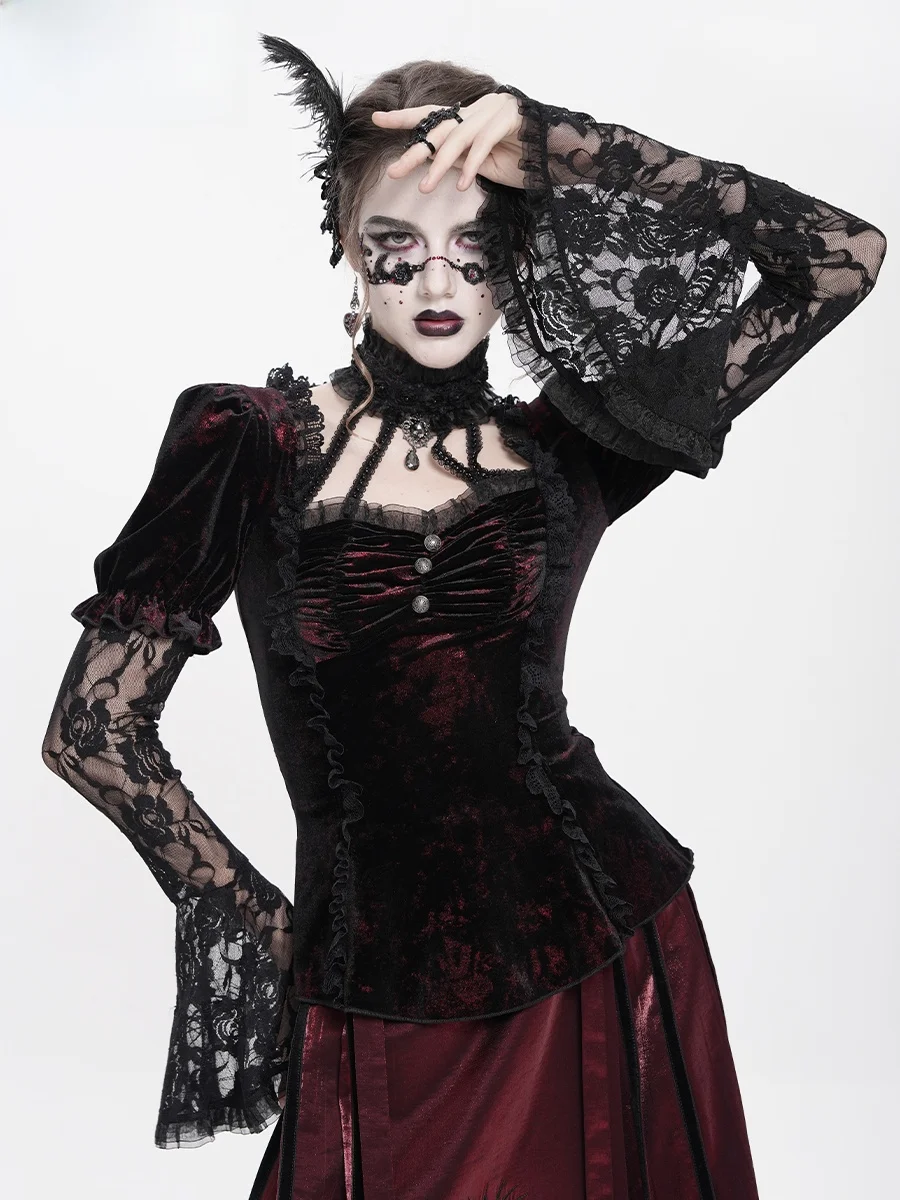 Gothic Style Long Sleeve Velvet T-Shirt EVA LADY Dark Gothic Hanging Neck Bell Sleeve T-Shirt for Women Autumn Winter New Arr...