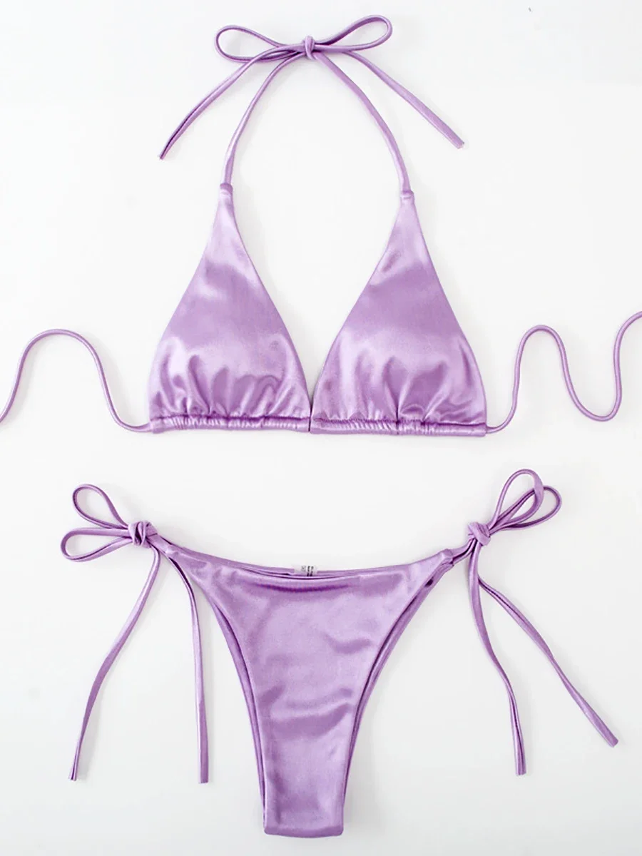 Metaliczny Halter trójkątne Bikini 2023 strój kąpielowy kobiety stroje kąpielowe damskie kostiumy kąpielowe brazylijskie stringi mikro Bikini zestaw