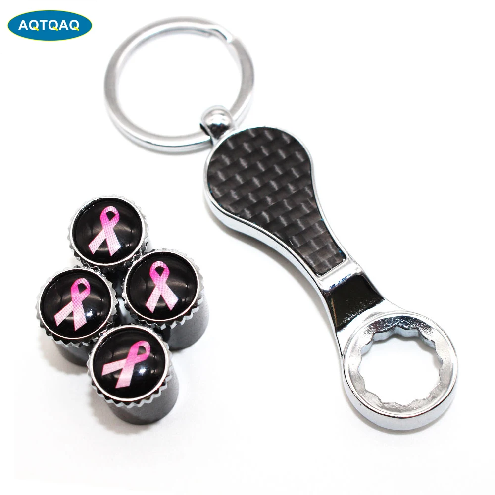 5Pcs/Set Pink Ribbon m Auto Car Wheel Tire Air Valve Caps With Wrench Keychain Carbon Fiber + Copper Stem Dust Cover Accessories