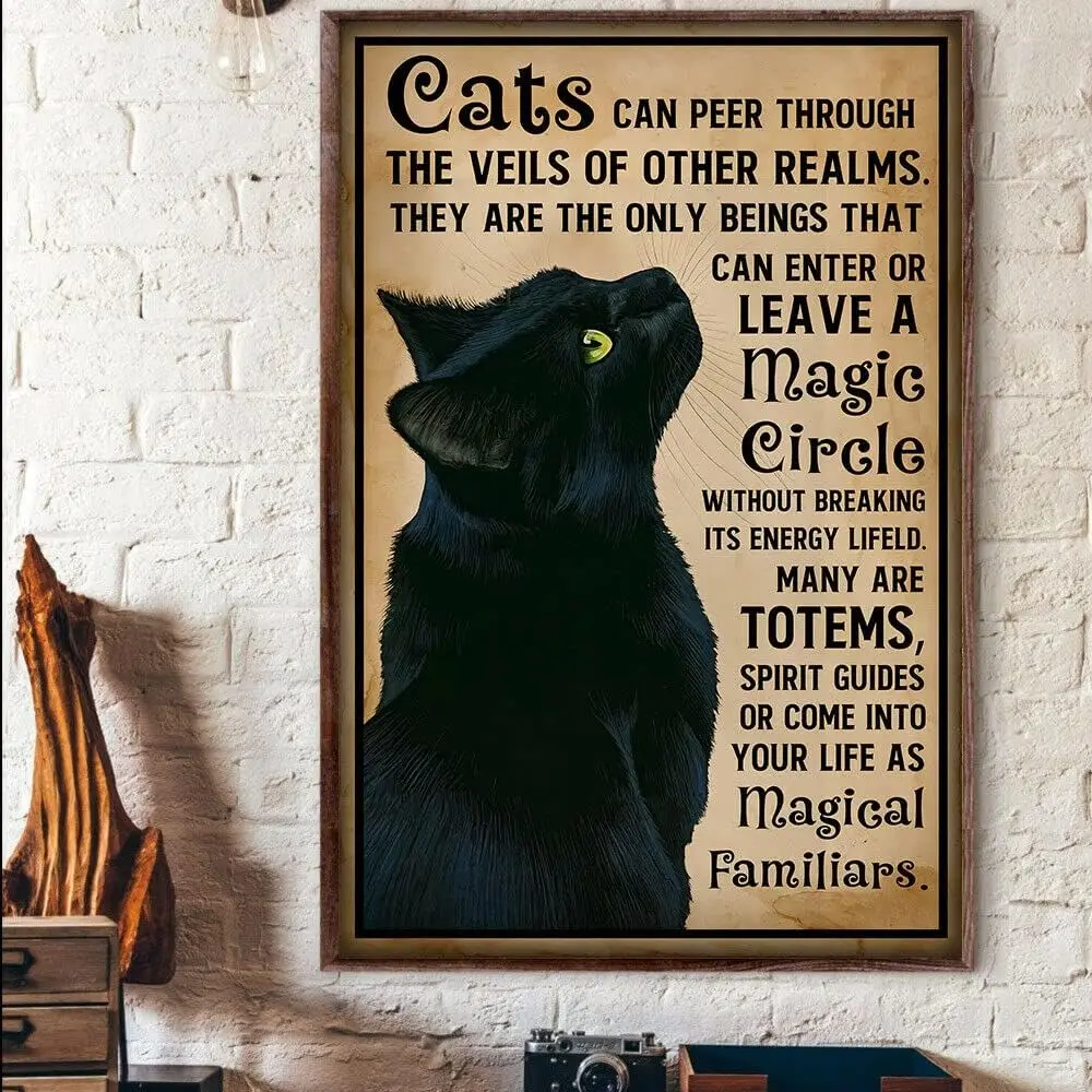 Vintage Halloween Tin Sign Vintage Cats Can Peer Through Veils of Other Realms Magic Circle Many Totems Cat Poster Tin Sign