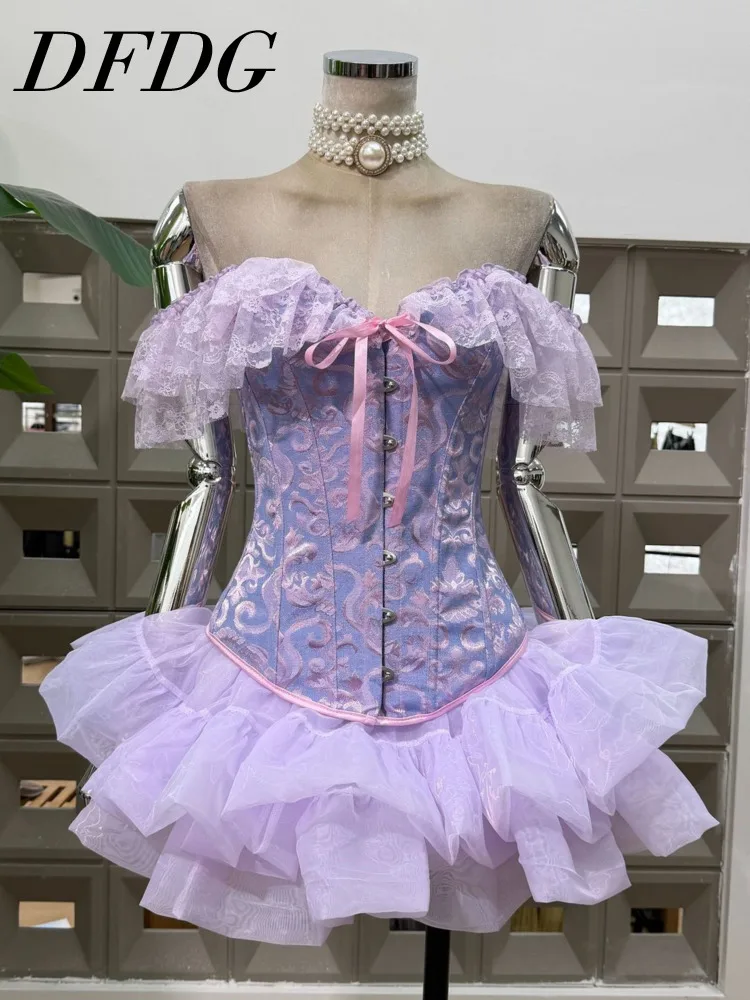 

DFDG Women's Spring Summer Off Shoulder Lace Corset Tulle Ruffle Skirt Set Elegant Formal 2026 Trendy Feminine Fashion Set