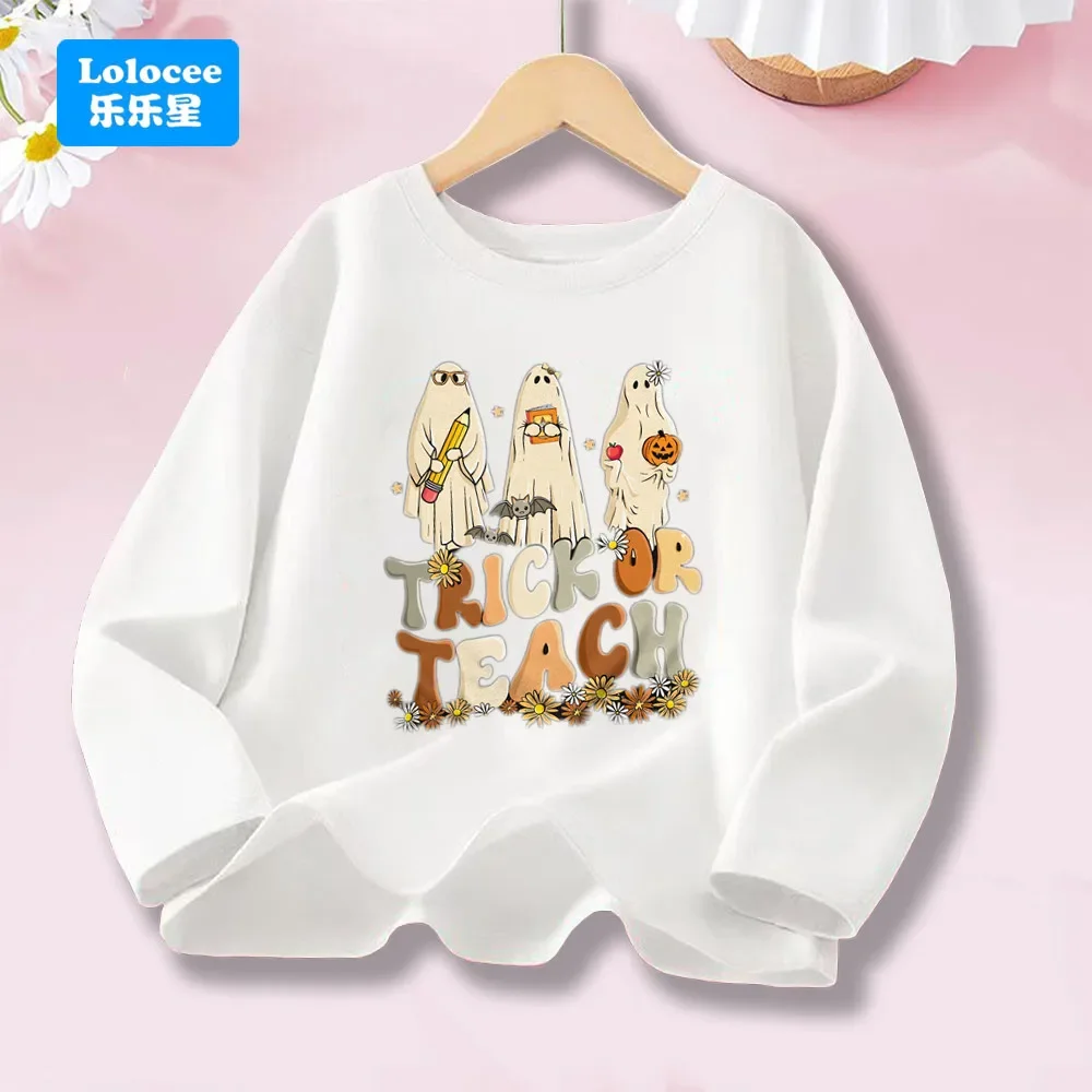 Süßes oder lehrendes Langarm-T-Shirt für Halloween, Lehrer, gruselige Jahreszeit, Geist, Herbst, Schule, Party, Vintage-Baumwolle, modische Tops WSJYL1