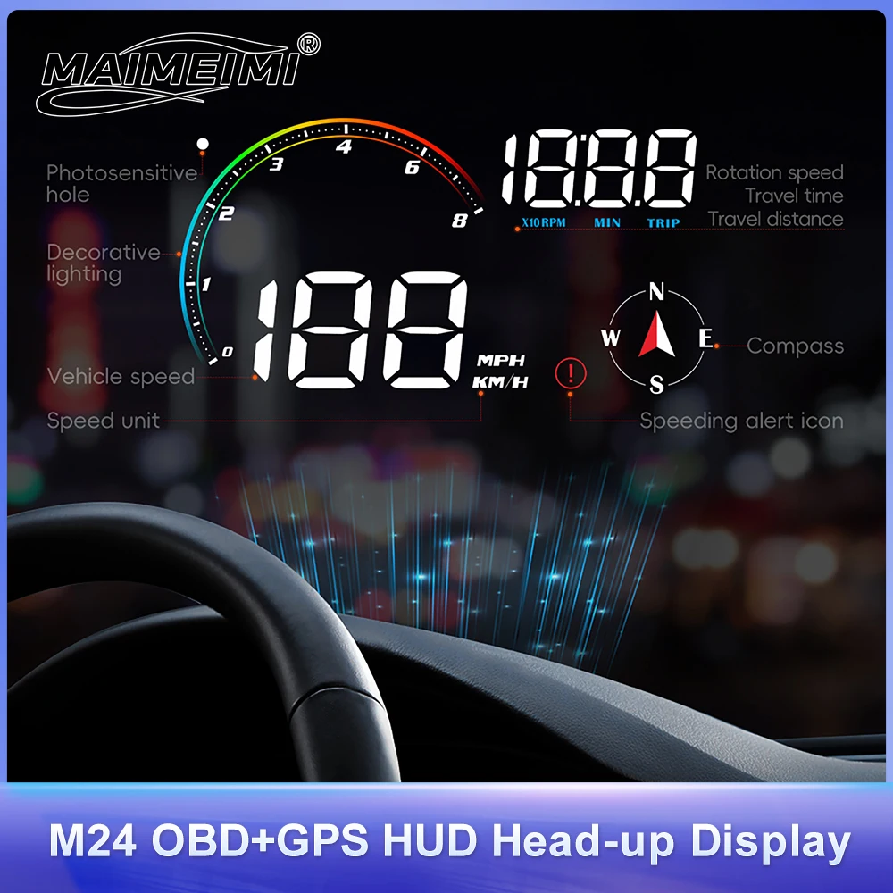 

Автомобильный HUD-дисплей M24: Проектор на лобовое стекло с OBDII, GPS-спидометром, монитором турбо-оборотов, температуры, вольтметром, уровнем топлива, компасом и сигнализацией