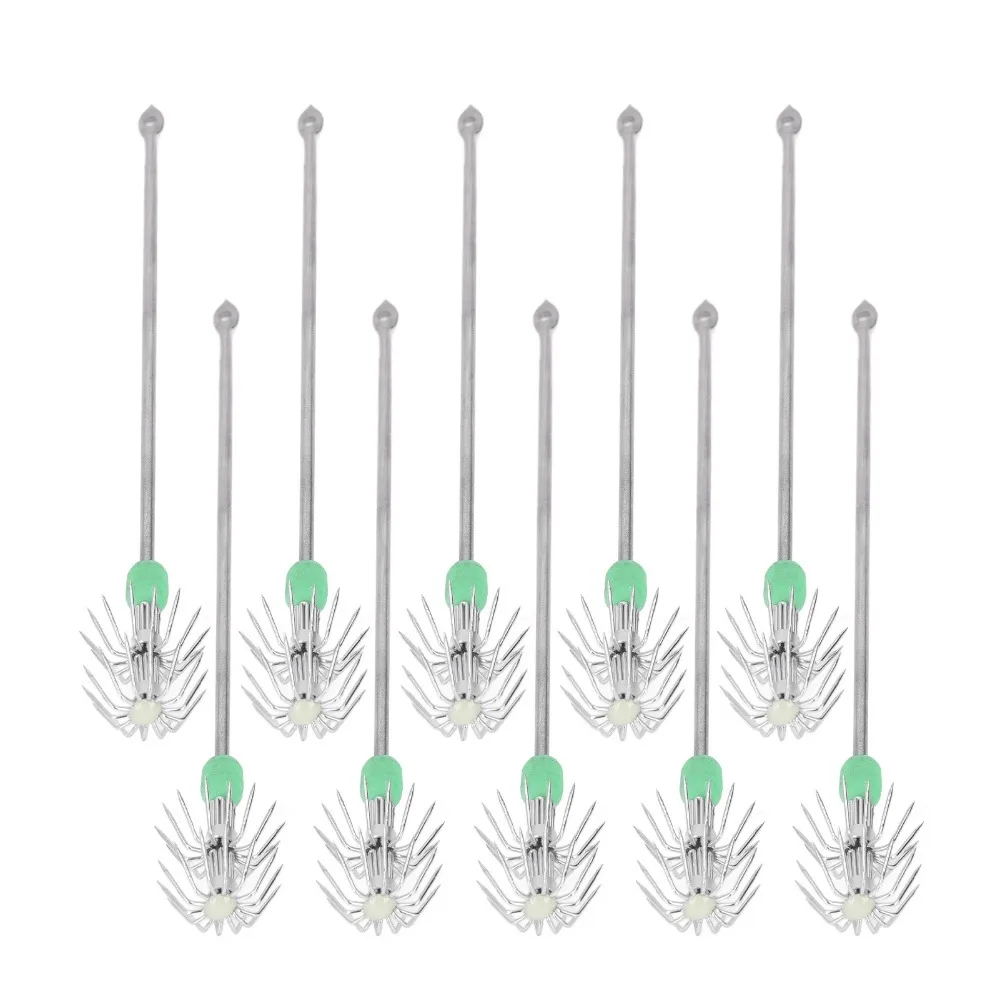 

10 шт. Двухслойные светящиеся крючки для ловли кальмаров с длинной ручкой, зонтичной формы, из нержавеющей стали