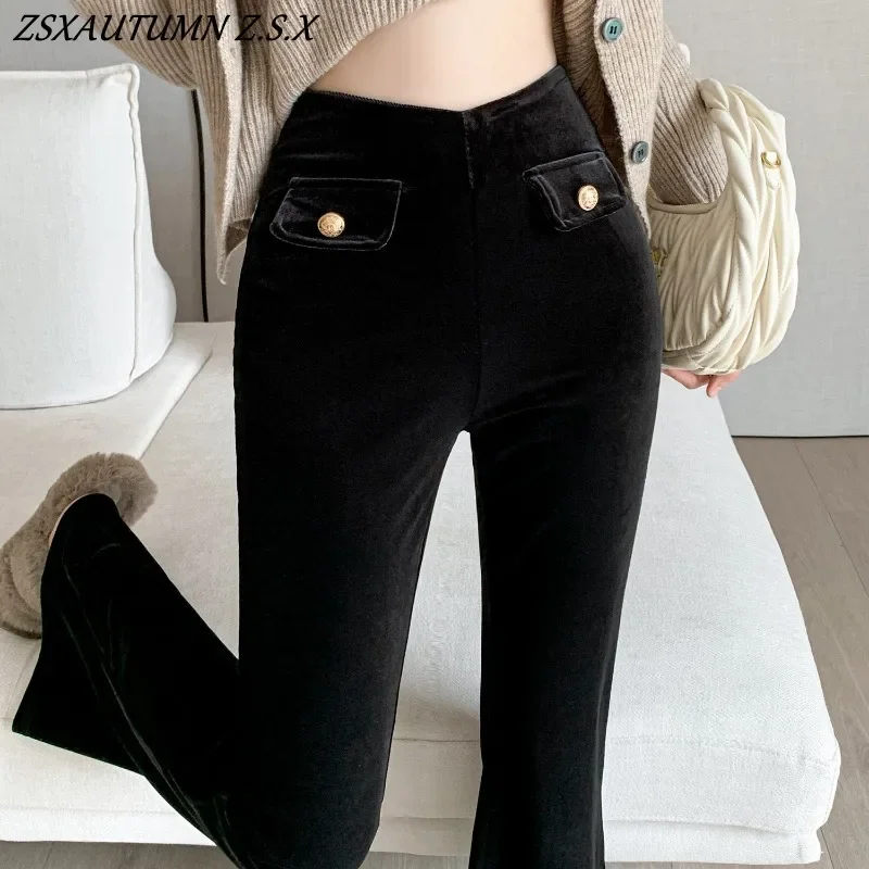 

Black Velvet Flared Pants Women Autumn Winter New Fashion High-waisted Harajuku Casual Trousers Korean Style Pantalon Femme