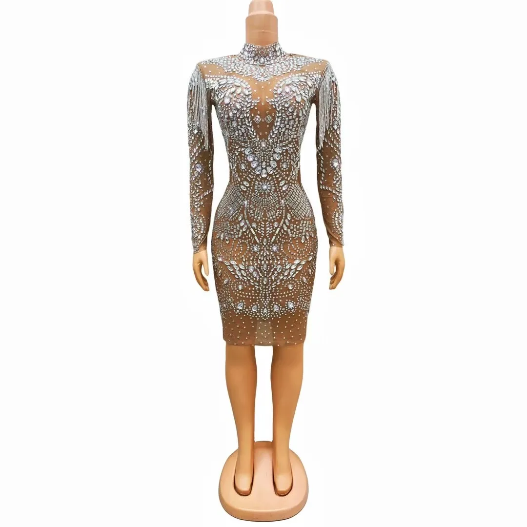 Luxury Sparkly Rhinestones Mesh See Through Dress Women Birthday Evening Party Long Sleeves Sexy Elegant Gowns Nightclub Outflt