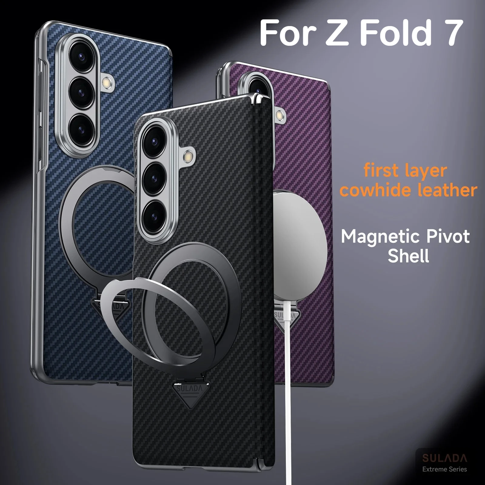 

Carbon Fiber Grain Leather for Magsafe Case for Samsung Galaxy Z Fold 7 Hinge Ring Holder Magnetic Wireless Charging Cover