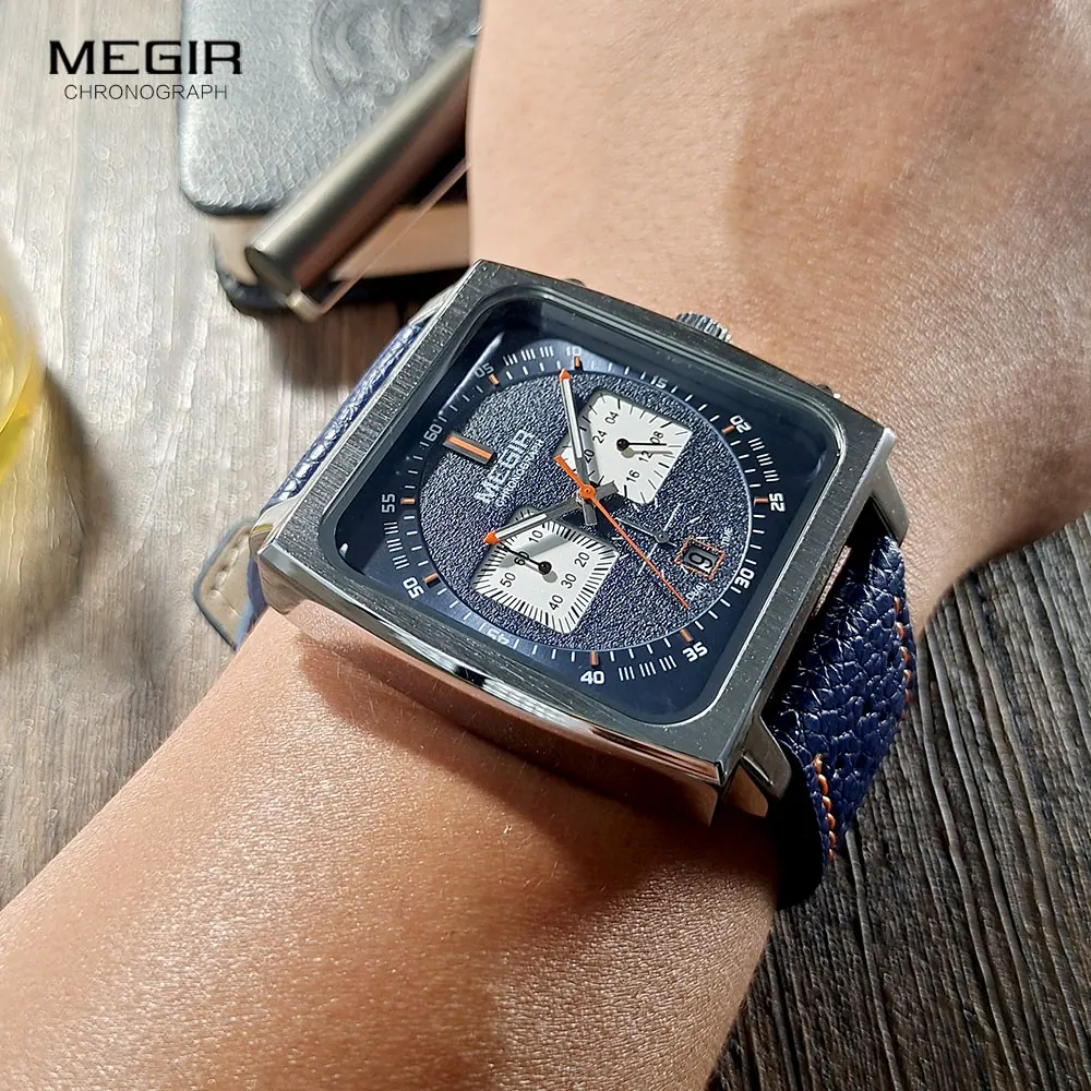 Megir-Relógio quartzo cronógrafo com mostrador quadrado masculino, pulseira de couro azul, relógio de pulso esportivo casual com data, 24 horas, marca fashion