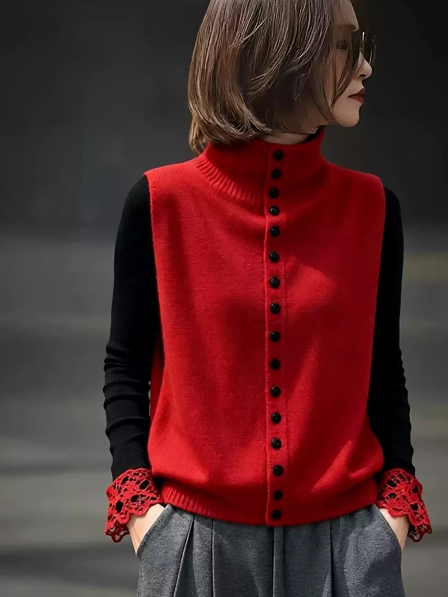 

Мягкий удобный вязаный красный жилет, женский модный дизайн, куртка на одной пуговице, зима 2025 г., чистый цвет