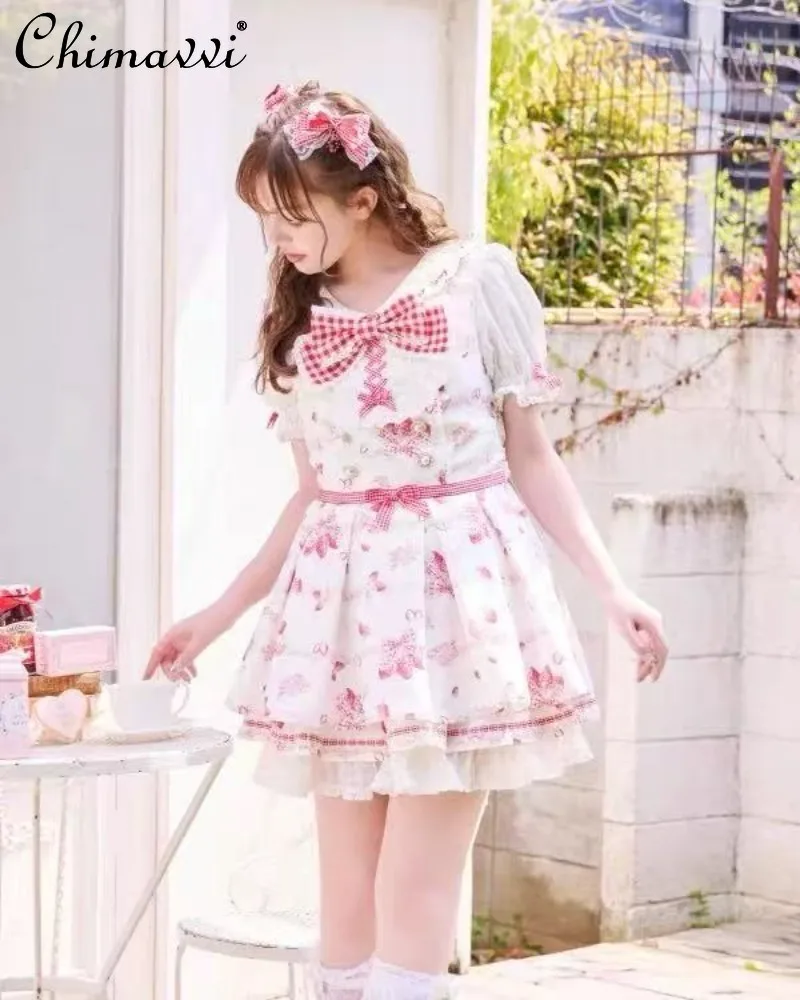 

Liz Princess Sweet Cream Strawberry Embroidery Big Bow Dress Set Cute Berry Floral Print Top Skirt Lolita Women Two-Piece Set