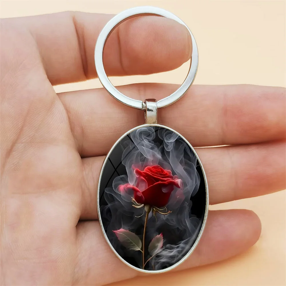 Vintage Rose Keychain Oval Metal Time Gemstone Pendant Gorgeous Charm Valentine's Day Jewelry Gift