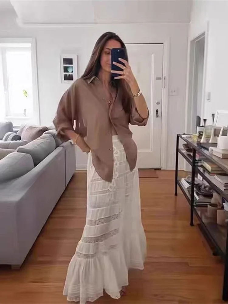 

Susan Don Vaion Sle High Waist Lace Splicing Long Skirt White Cotton Blend French Sle Ladies Skirts Summer 2025