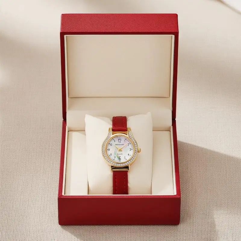 

Women Quartz Watch Rhinestone Bezel Gold Case PU Leather Strap Perfect For Daily Wear Dating Gifting