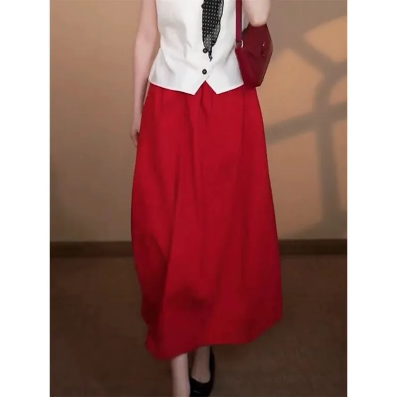 Temperament Red Skirt French Retro Summer Thin High-waisted Loose Slim Versatile Skirt
