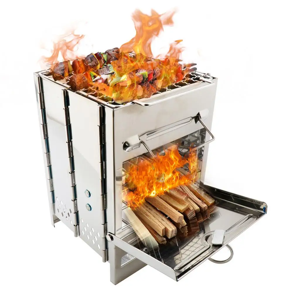 Wood Stove Portable Foldable Stainless Steel Camping Stove With Mini Charcoal Grill Lightweight Barbecue Grill