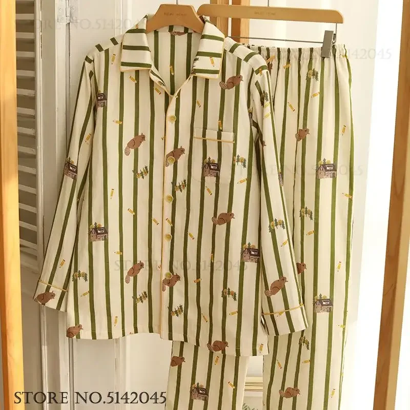 

Couple's Print Stripe Sleepwear Spring Autumn Cotton Gauze Pajamas Set Cartoon Long Sleeve Trouser Suits Homewear Loose Pyjama