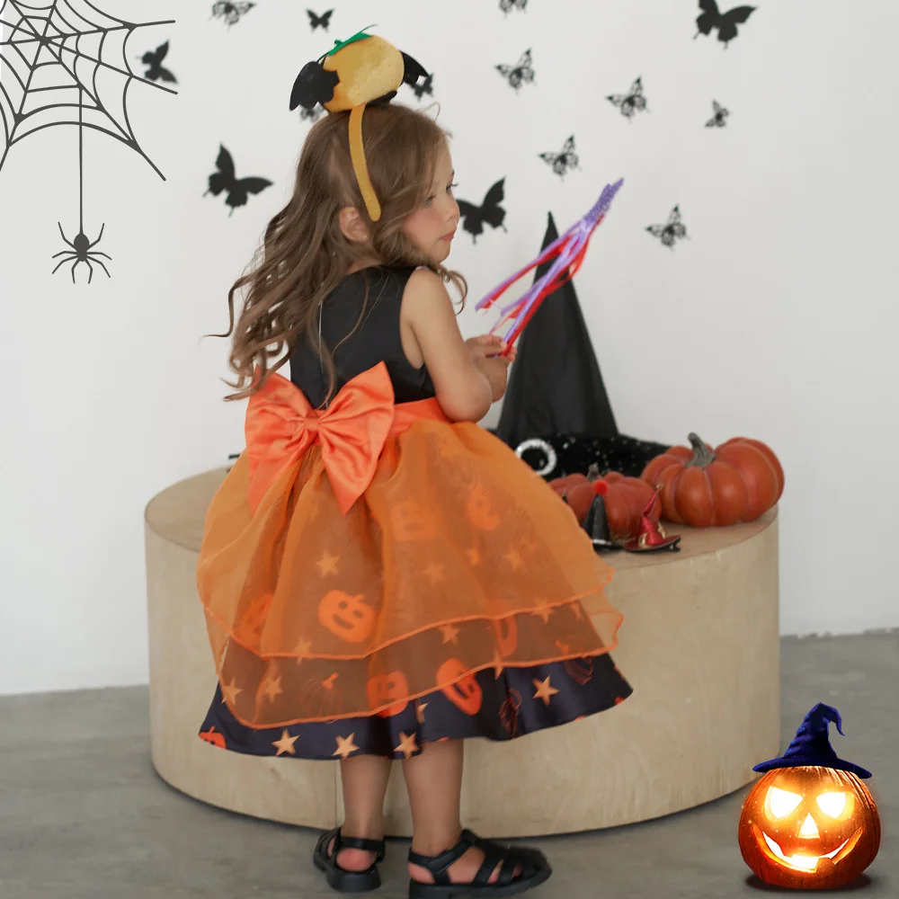 Vestido de princesa de calabaza para niña, disfraz de Halloween, fiesta, juego de bruja pequeña, actividad de jardín de infantes, rendimiento, nuevo