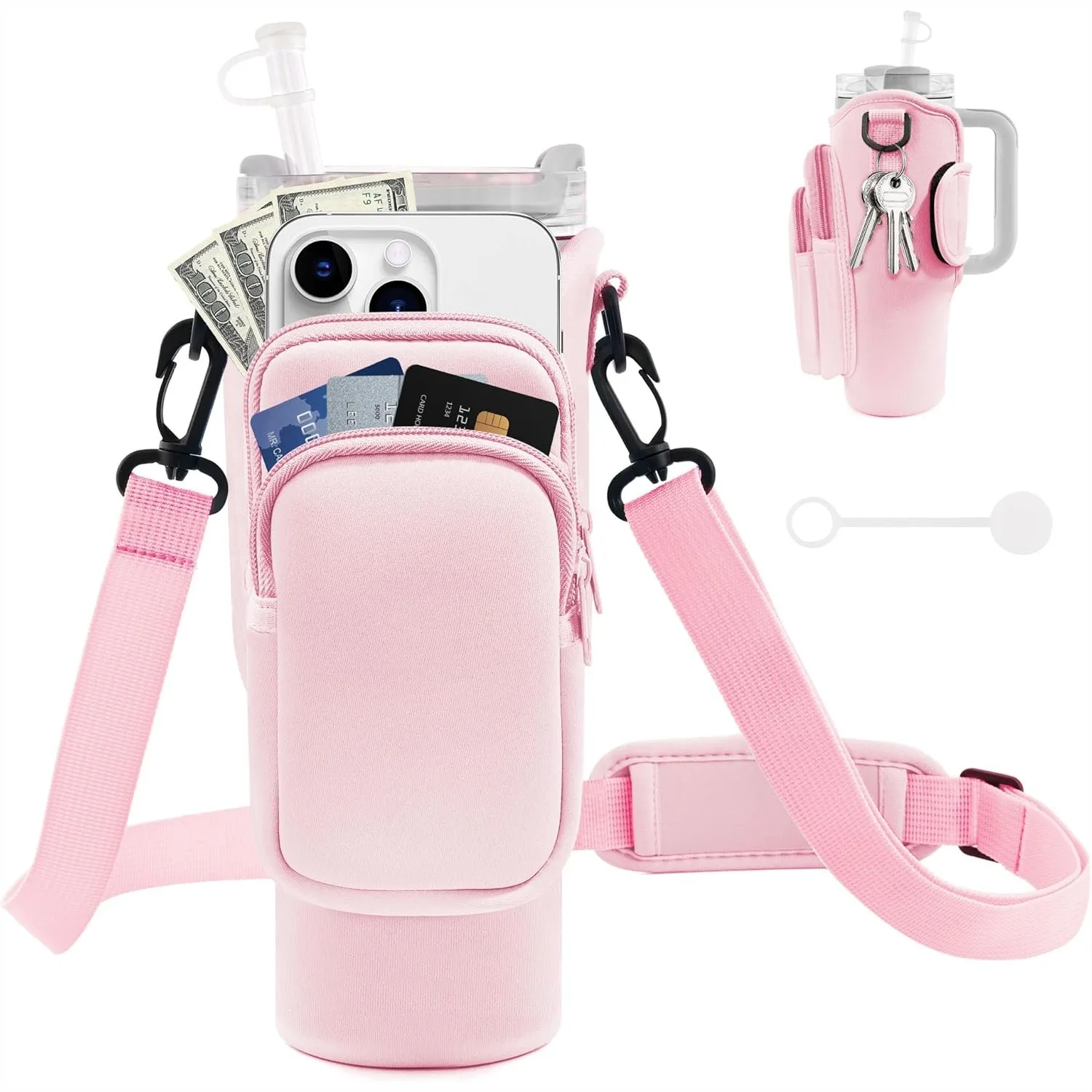 Water Bottle Carrier Bag with Phone Pocket for Stanley Cup 40/30 oz, Adjustable Strap & Straw Cover, Tumbler Accessories for