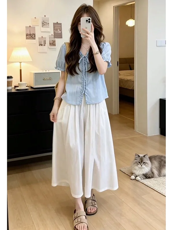 

Chic Summer Outfit Two-Piece Set High Waist Covering Hip Wide Leg Pants Short Sleeve Light Blue Casual Style for Women
