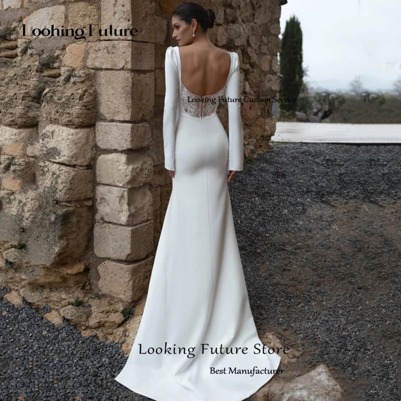 Simple Mermaid Wedding Dress Illusion Lace Open Back Long Sleeves Pleat Sexy High Side Slit Square Collar Sweep Train Customized