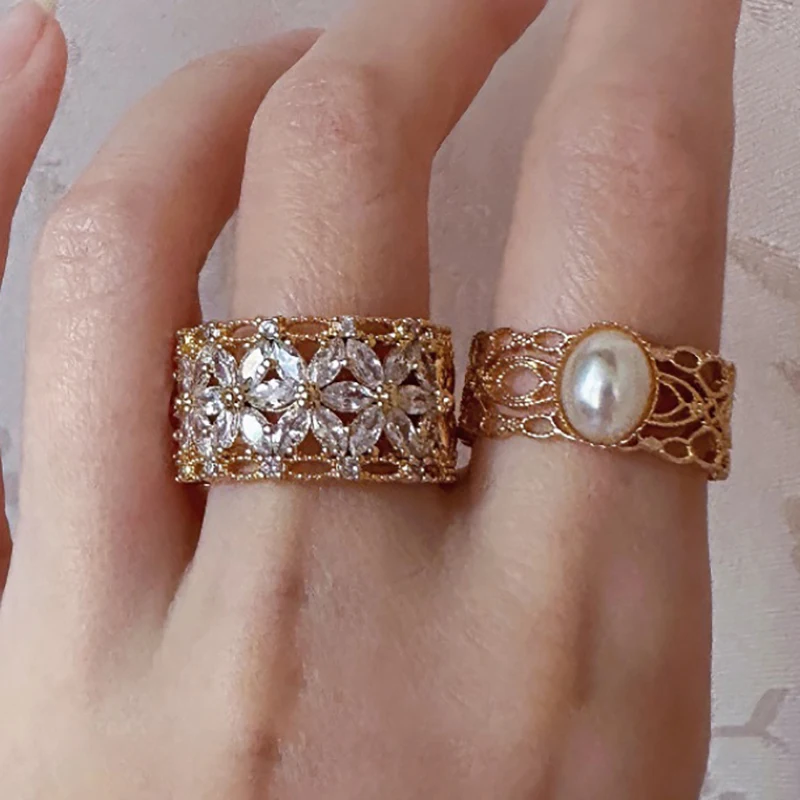 

925 Sterling Silver Rings For Women Adjustable Zircon Wide Lace Hollow Out Finger Ring Jewelry Party Birthday Christmas Gift