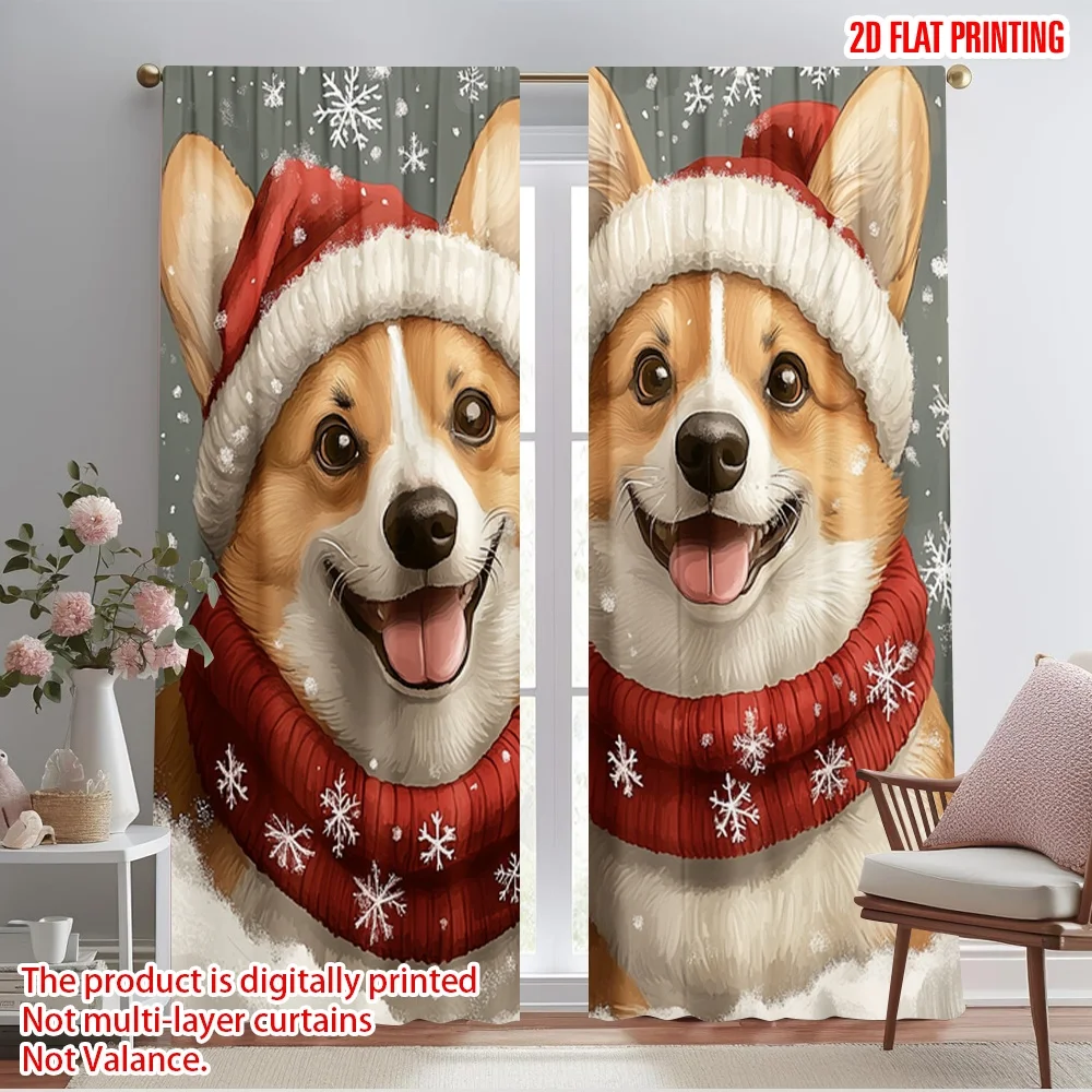 2pcs,2D plane printing Curtains&Window Treatment Cute Corgis Winter Snowfall (3) Polyester Fabric (without rod) Art Deco Festive