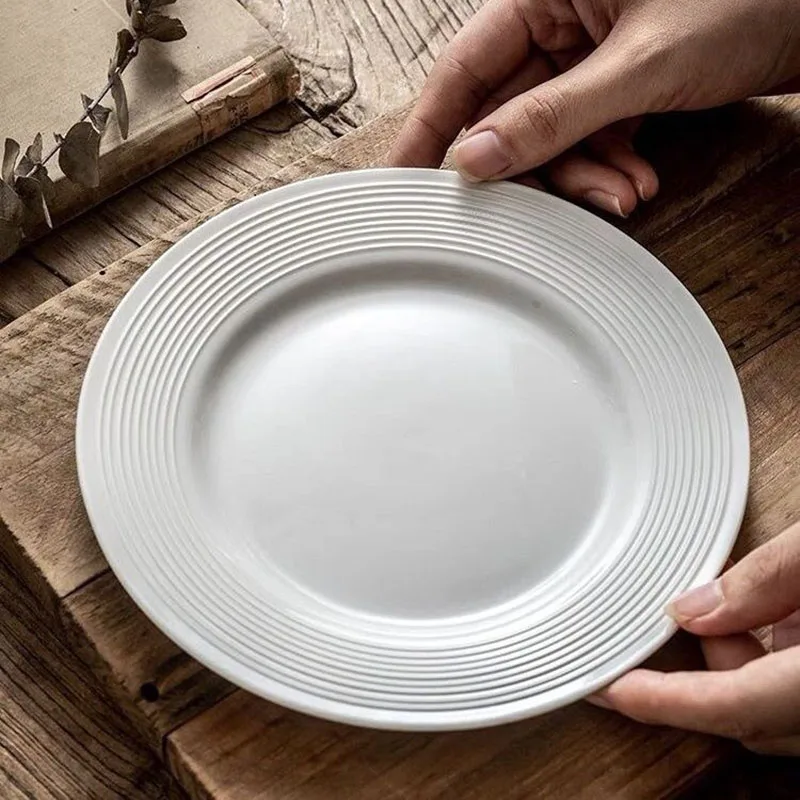 Simple White Ceramic Plate Threaded Household Western Food Plates Steak Salad Snack Cake Plates Tableware Restaurant Supplies