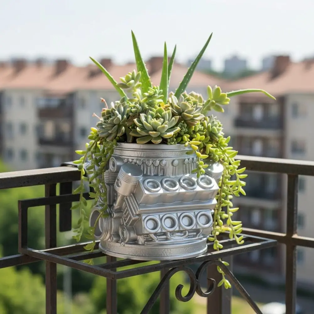 Multi-functional Mechanical Design Industrial Engine Planter Silver Resin Engine Block Planter Pot Simulated Succulent Pot Gift