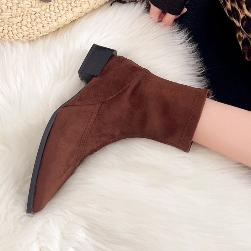 

Ankle Women Boots Suede Pointed Toe Heeled Shoes Designer New 2025 Woman Snow Boots Winter Chelsea Chunky Shoes Womam Zapatos
