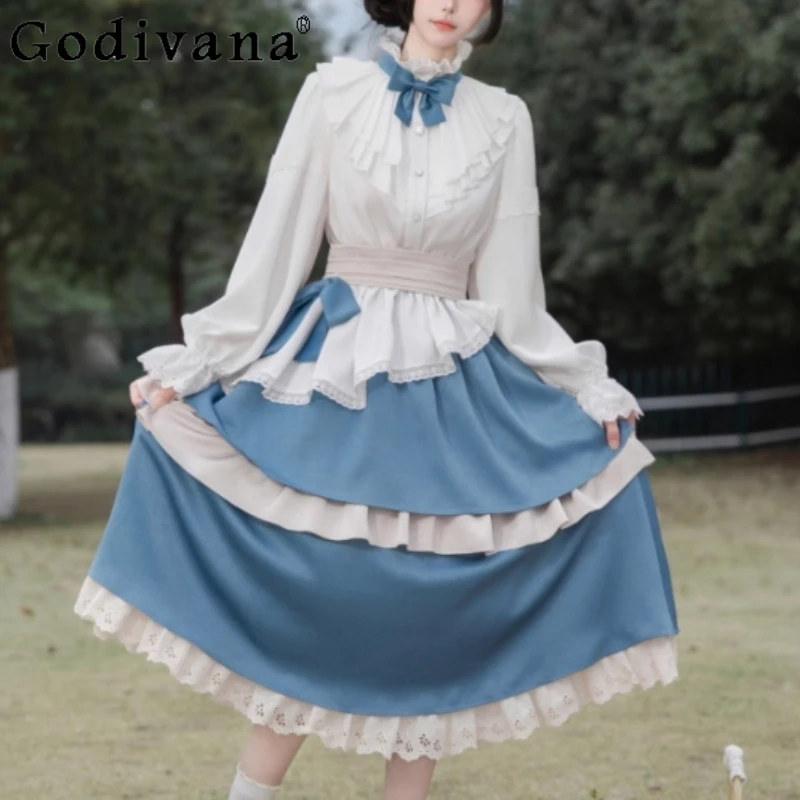 

Women Spring Autumn Fashion Versatile Age-reducing French Long-sleeved Shirt High Waist A-line Sweet Ruffles Lolita Cake Skirt