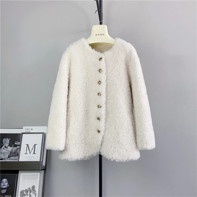 Women Real Lamb Hair Fur Coat Women Sheep Shearling Warm Mid-Length Round Neck Jacket  PT433